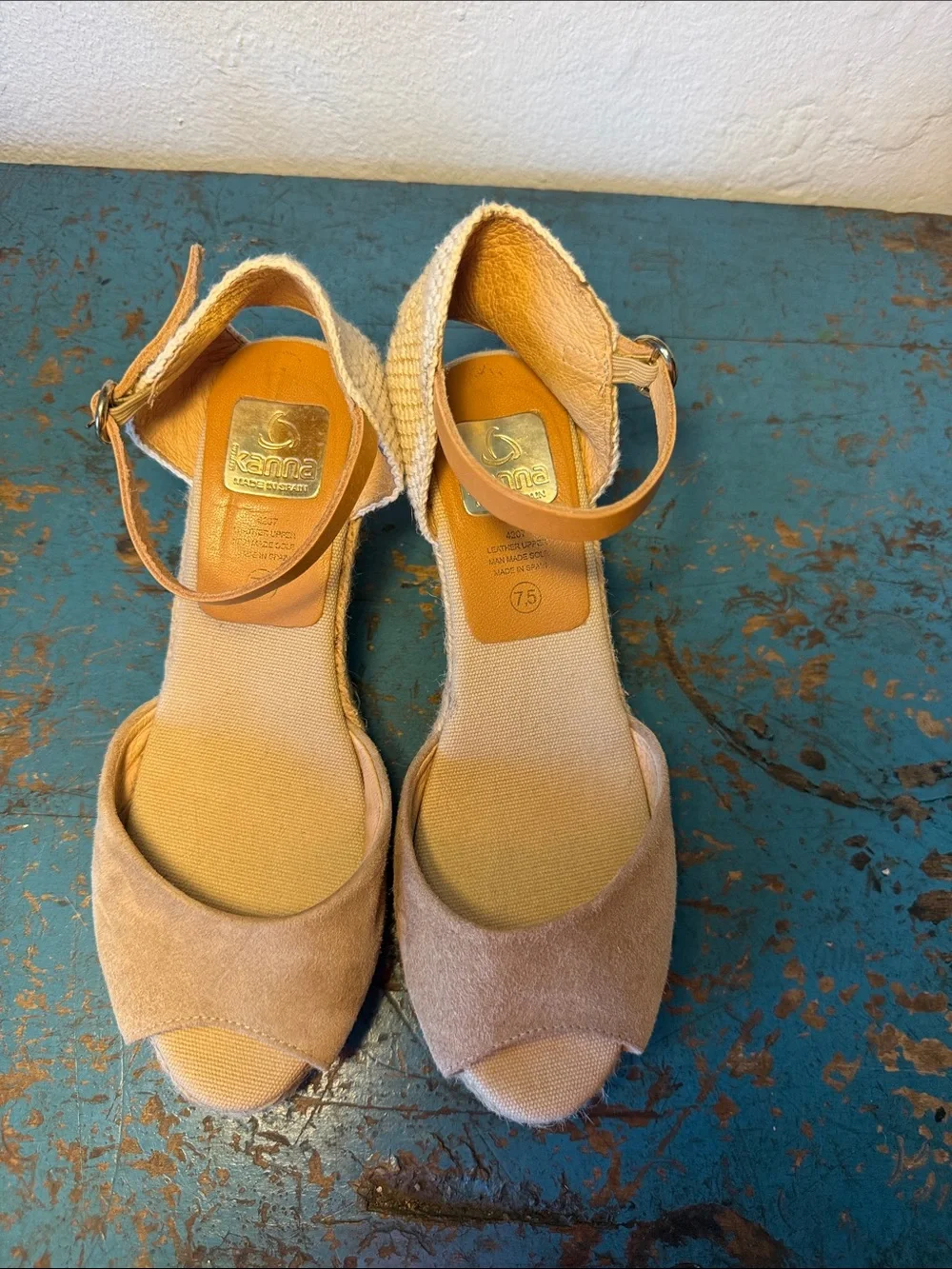 kanna Beige Espadrille Wedge Sandals with Tan Ankle Strap